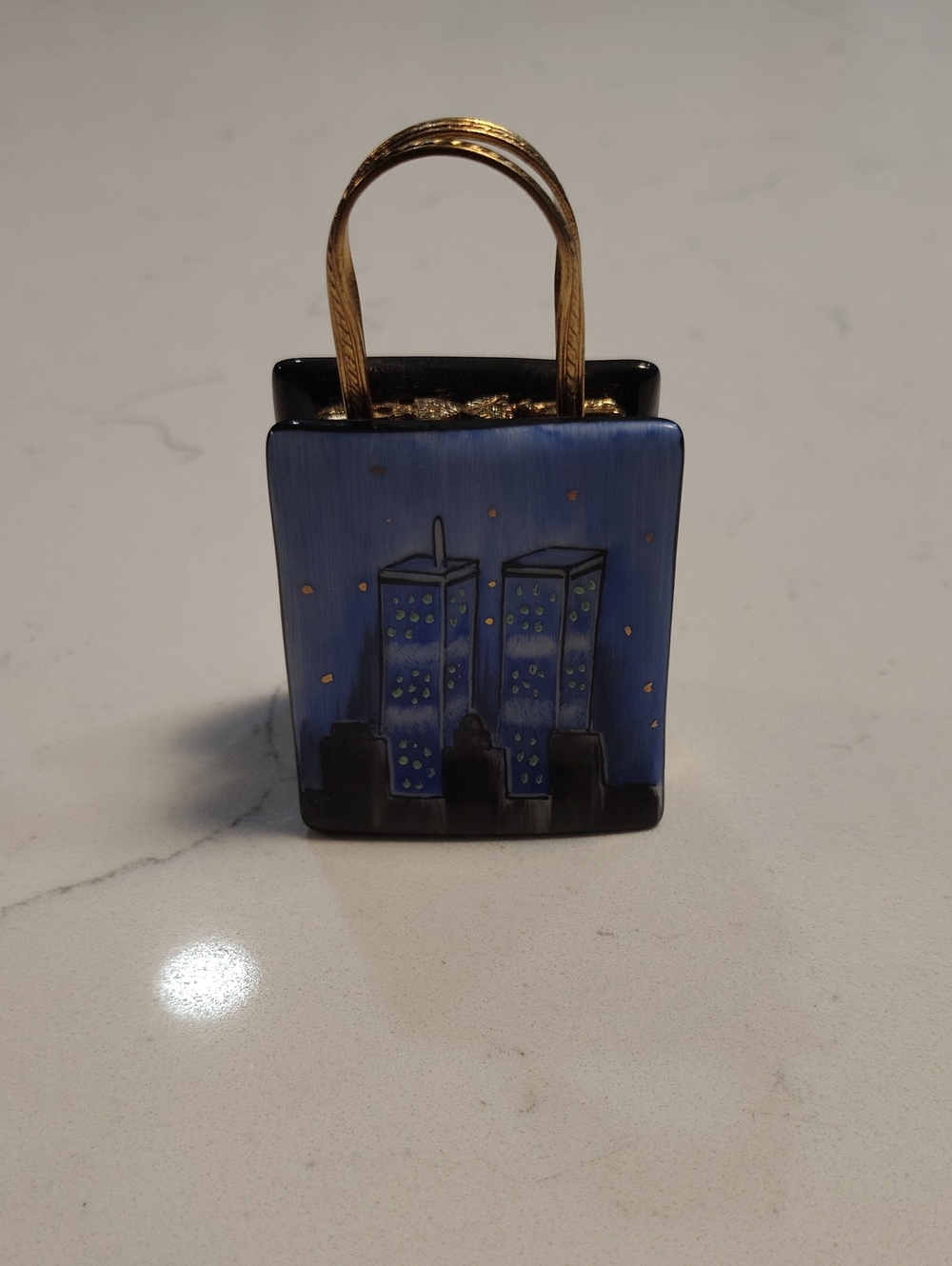 Limoges 911 Blue Enamel Cityscape Mini Purse Trinket Box